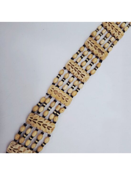Handcrafted Beaded Bone Belt Carved Panels & Button Closure Natural Boho Style main image 6